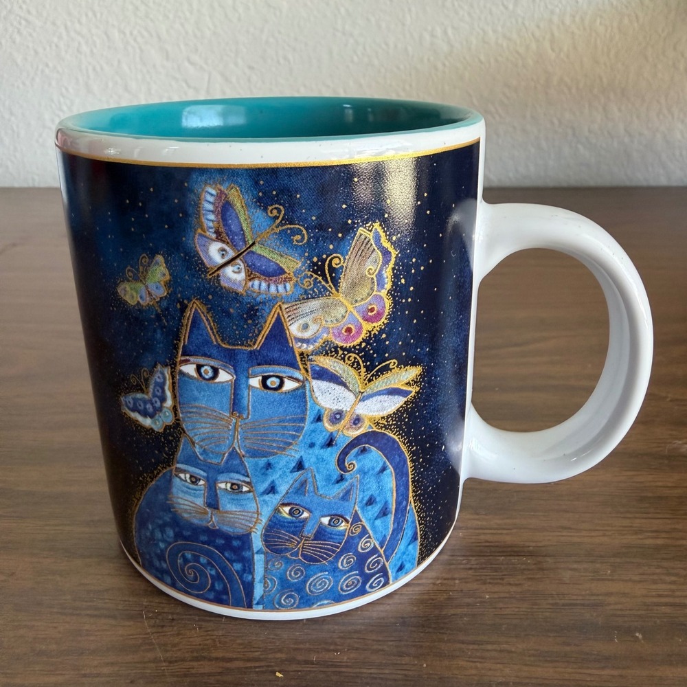 Laurel Burch Indigo Cats and Butterflies Coffee Mug Blue Gold Ceramic Tea Cup - Picture 2 of 8